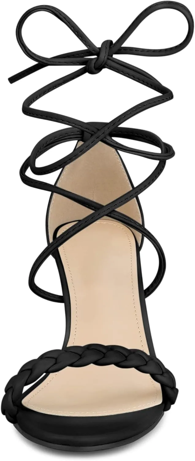Allegra K Women's Woven Braided Heel Lace Up Clear Block Heel Sandals