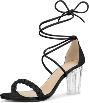 Allegra K Women's Woven Braided Heel Lace Up Clear Block Heel Sandals