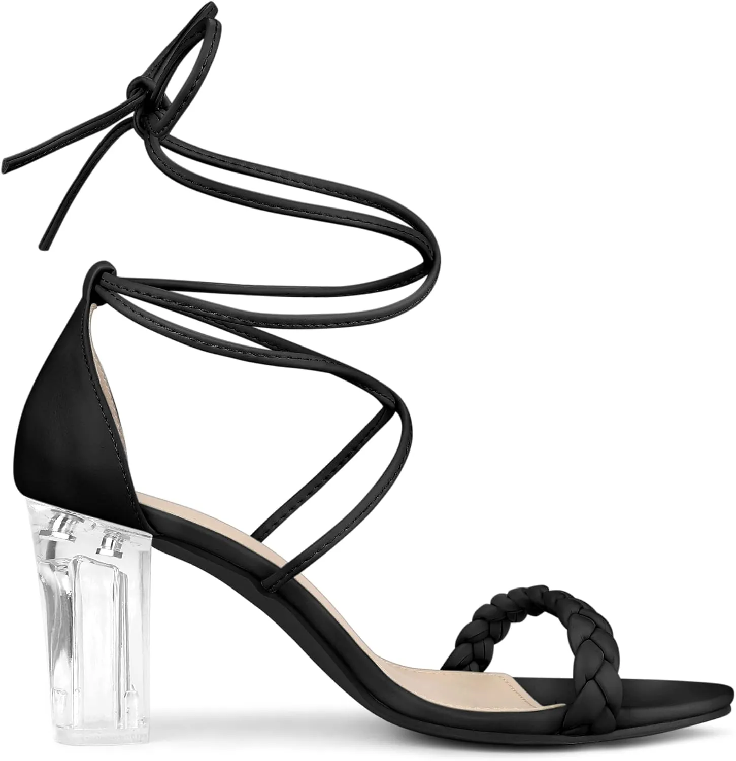Allegra K Women's Woven Braided Heel Lace Up Clear Block Heel Sandals