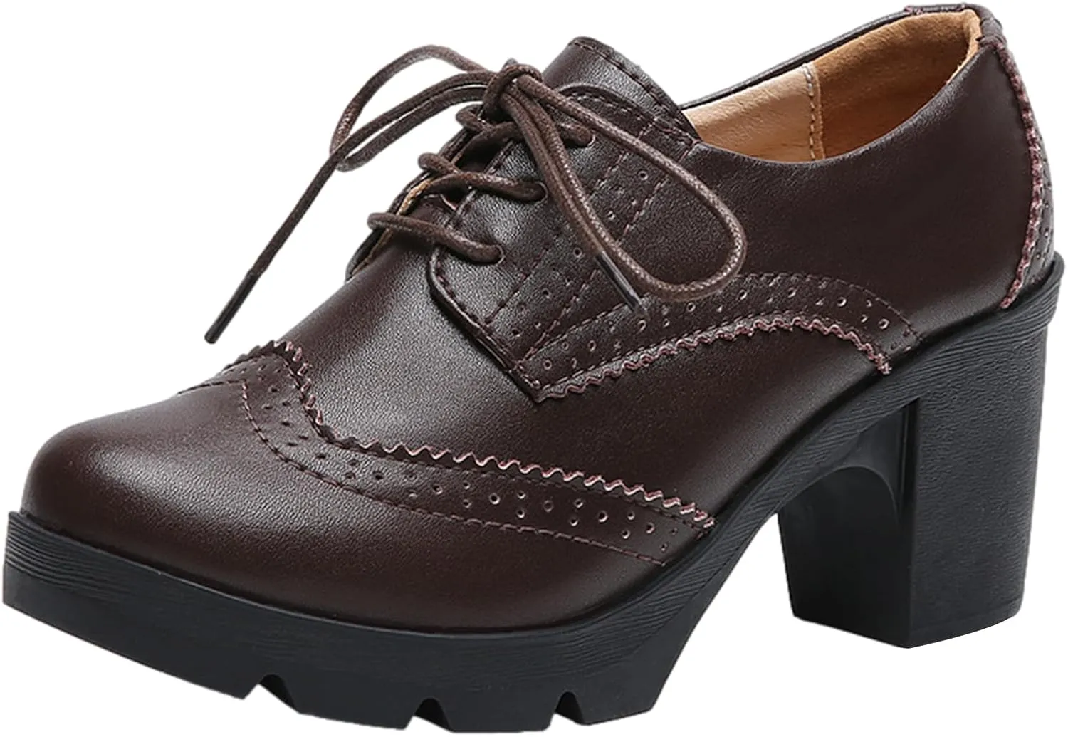 ANUFER Women's Block Heel Lace-Up Brogues Derby Shoes Pumps Dress Shoes