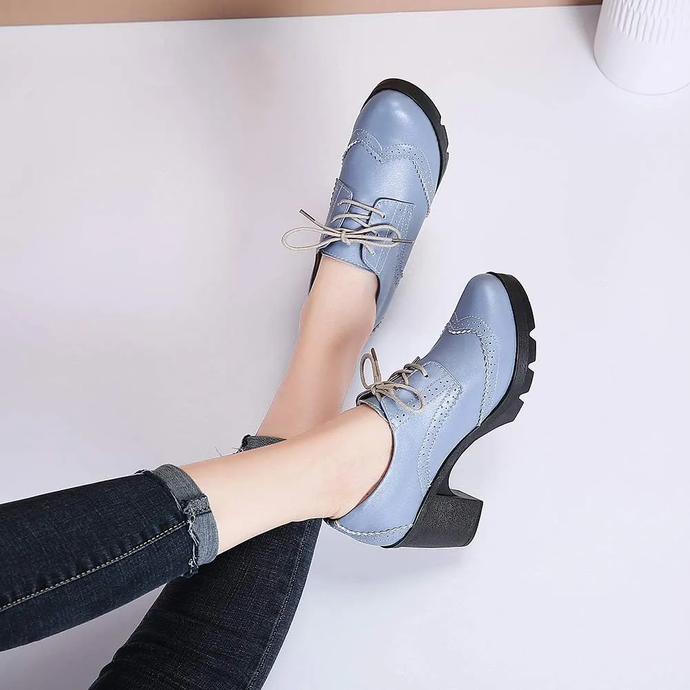 ANUFER Women's Block Heel Lace-Up Brogues Derby Shoes Pumps Dress Shoes