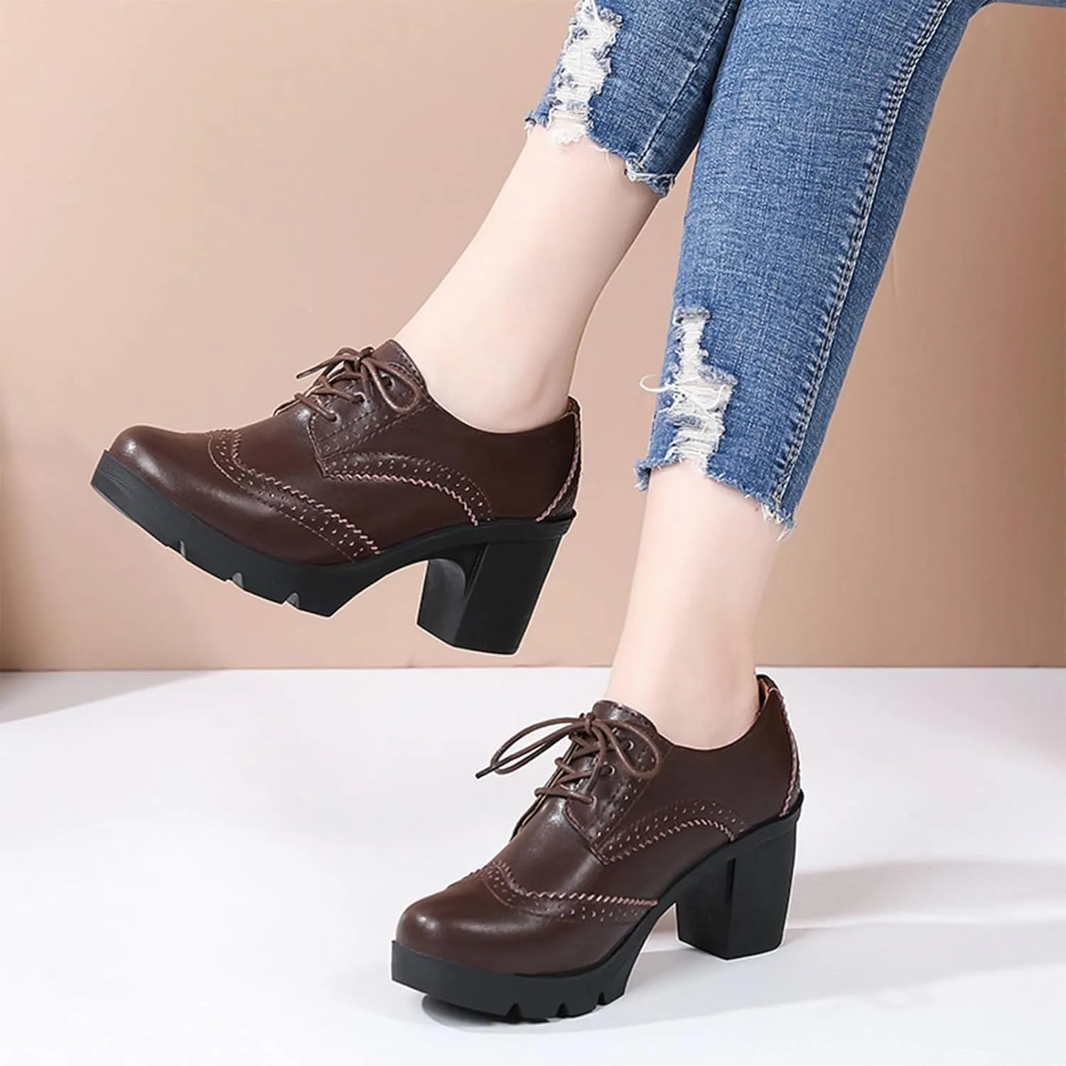 ANUFER Women's Block Heel Lace-Up Brogues Derby Shoes Pumps Dress Shoes