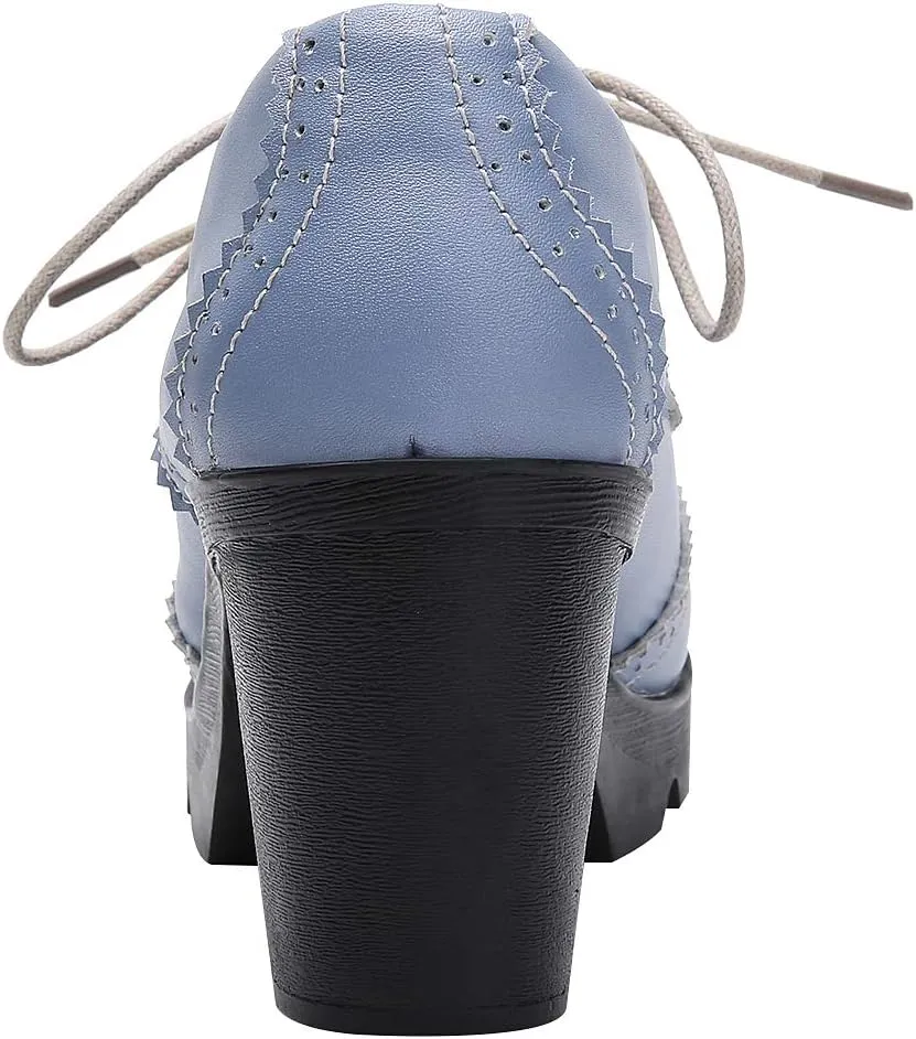 ANUFER Women's Block Heel Lace-Up Brogues Derby Shoes Pumps Dress Shoes