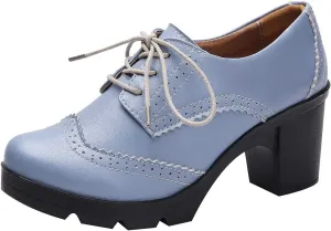 ANUFER Women's Block Heel Lace-Up Brogues Derby Shoes Pumps Dress Shoes