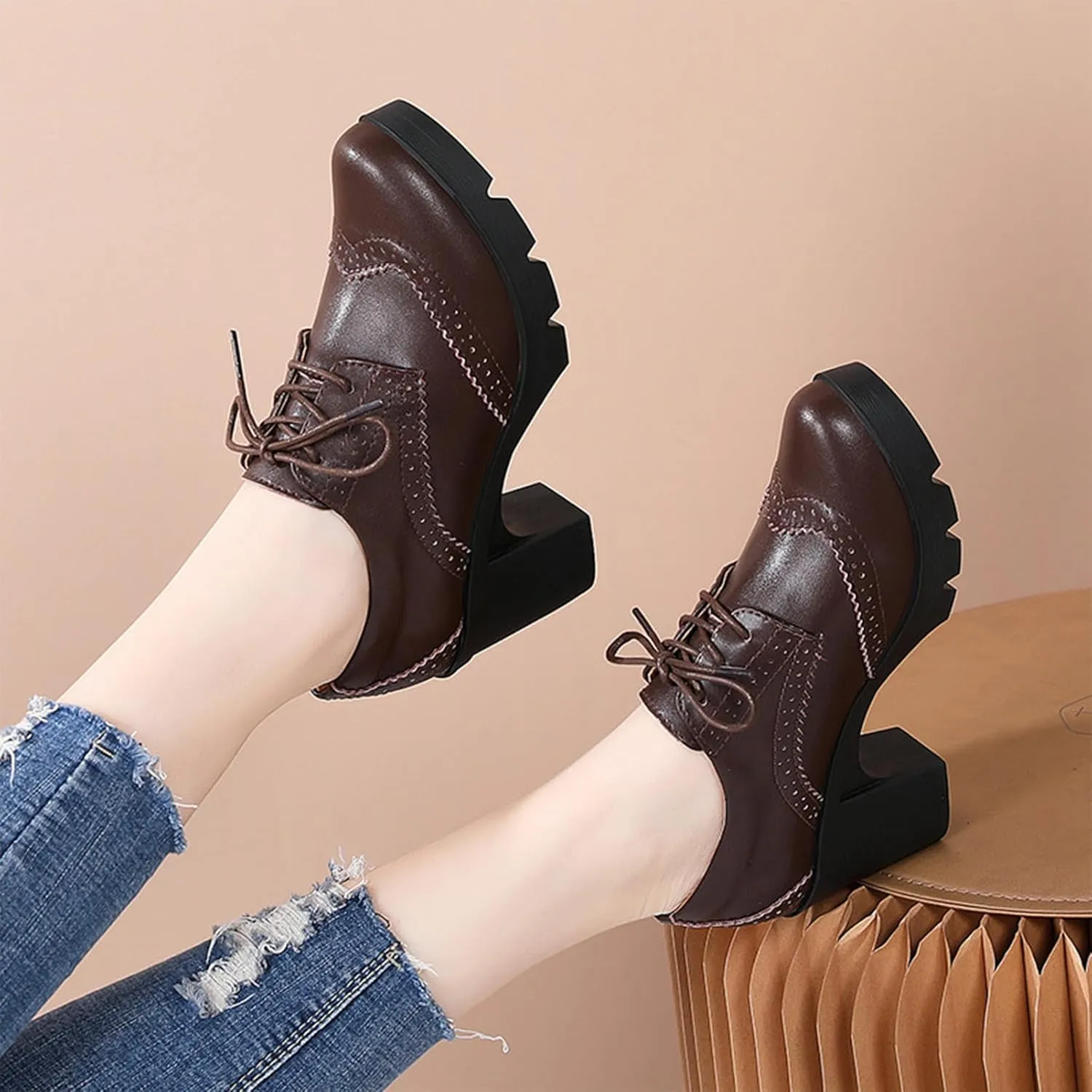 ANUFER Women's Block Heel Lace-Up Brogues Derby Shoes Pumps Dress Shoes