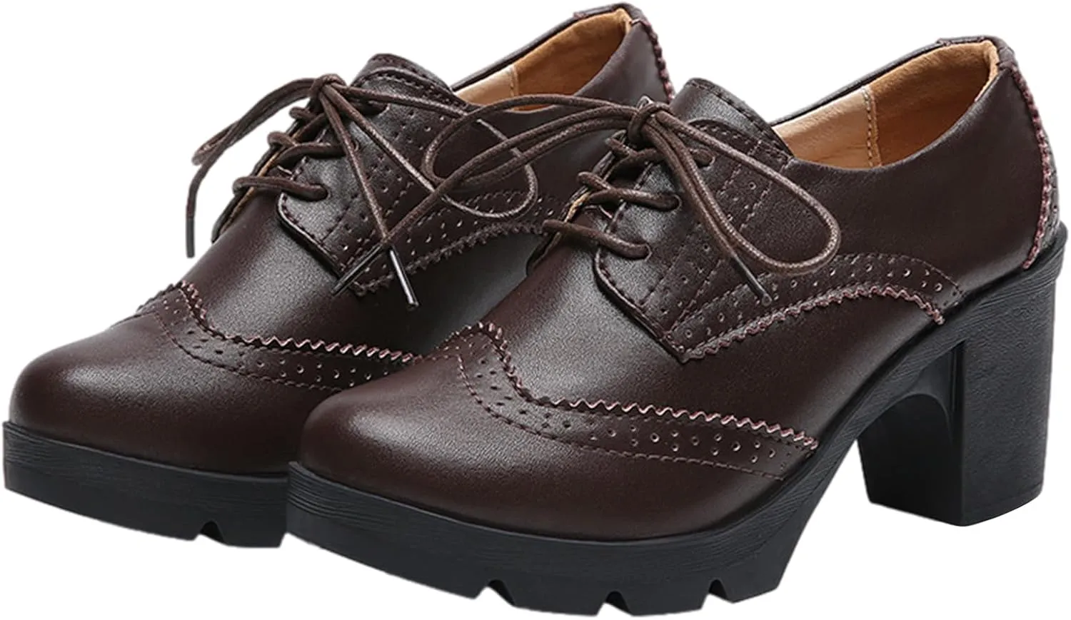ANUFER Women's Block Heel Lace-Up Brogues Derby Shoes Pumps Dress Shoes