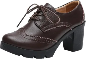 ANUFER Women's Block Heel Lace-Up Brogues Derby Shoes Pumps Dress Shoes