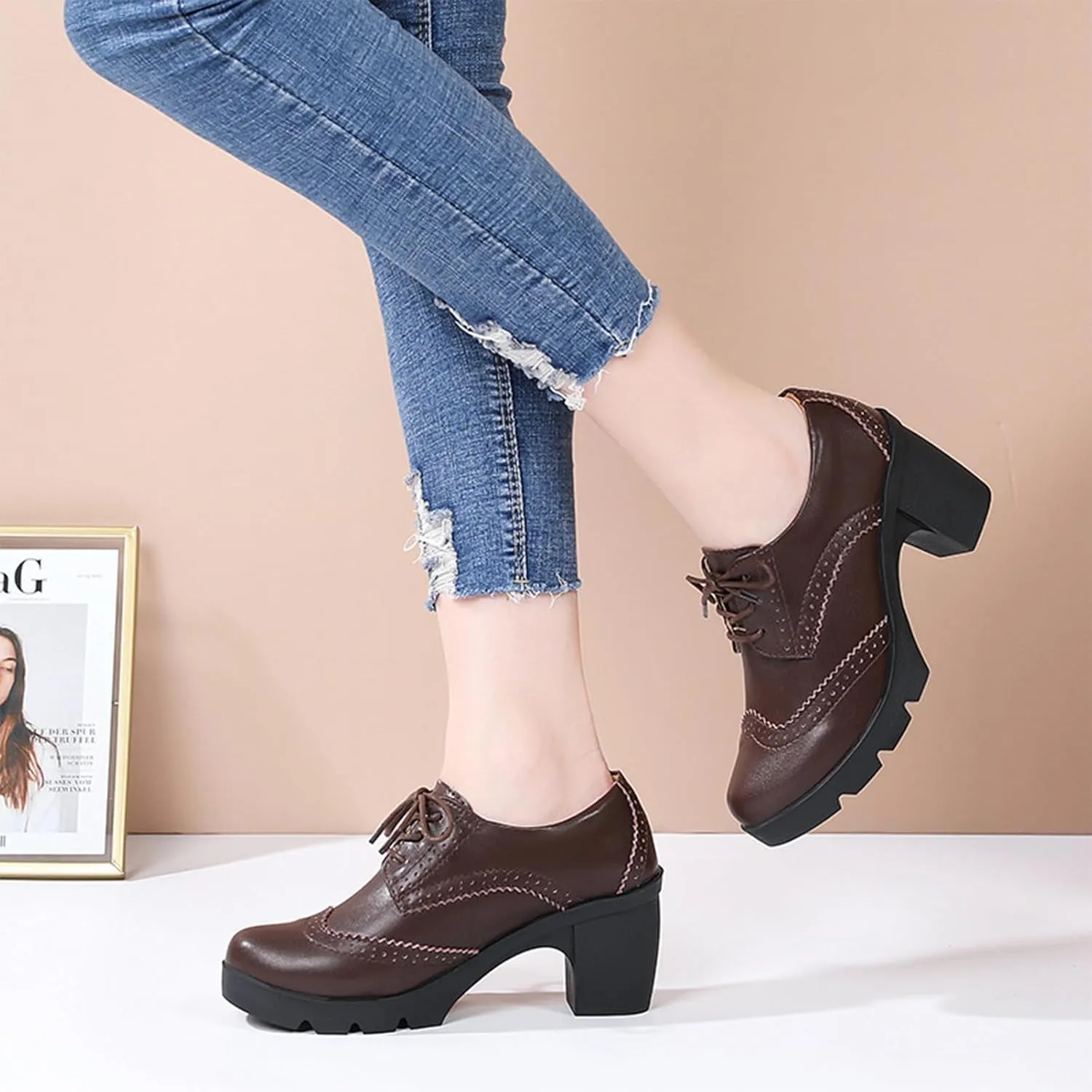 ANUFER Women's Block Heel Lace-Up Brogues Derby Shoes Pumps Dress Shoes