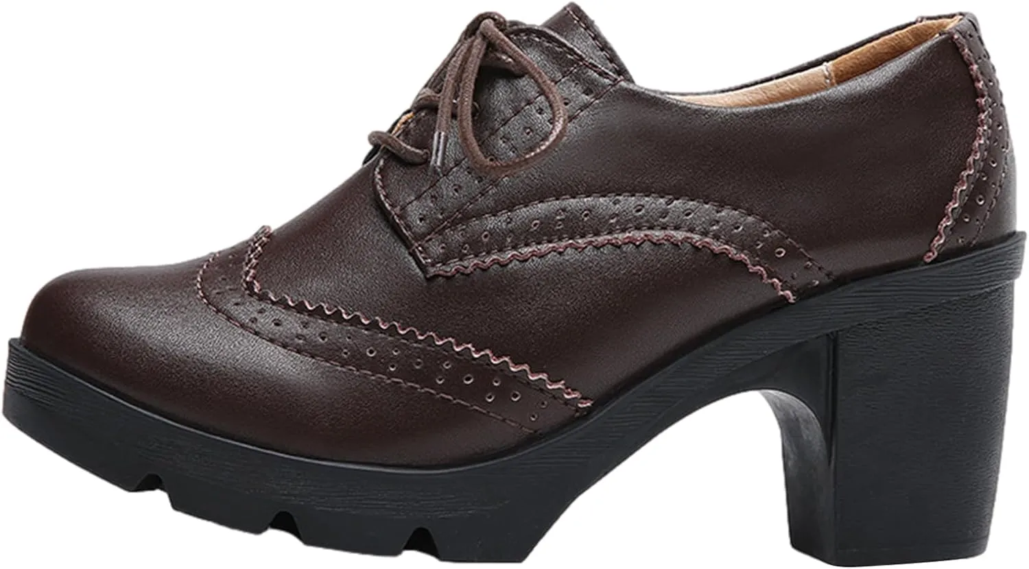 ANUFER Women's Block Heel Lace-Up Brogues Derby Shoes Pumps Dress Shoes