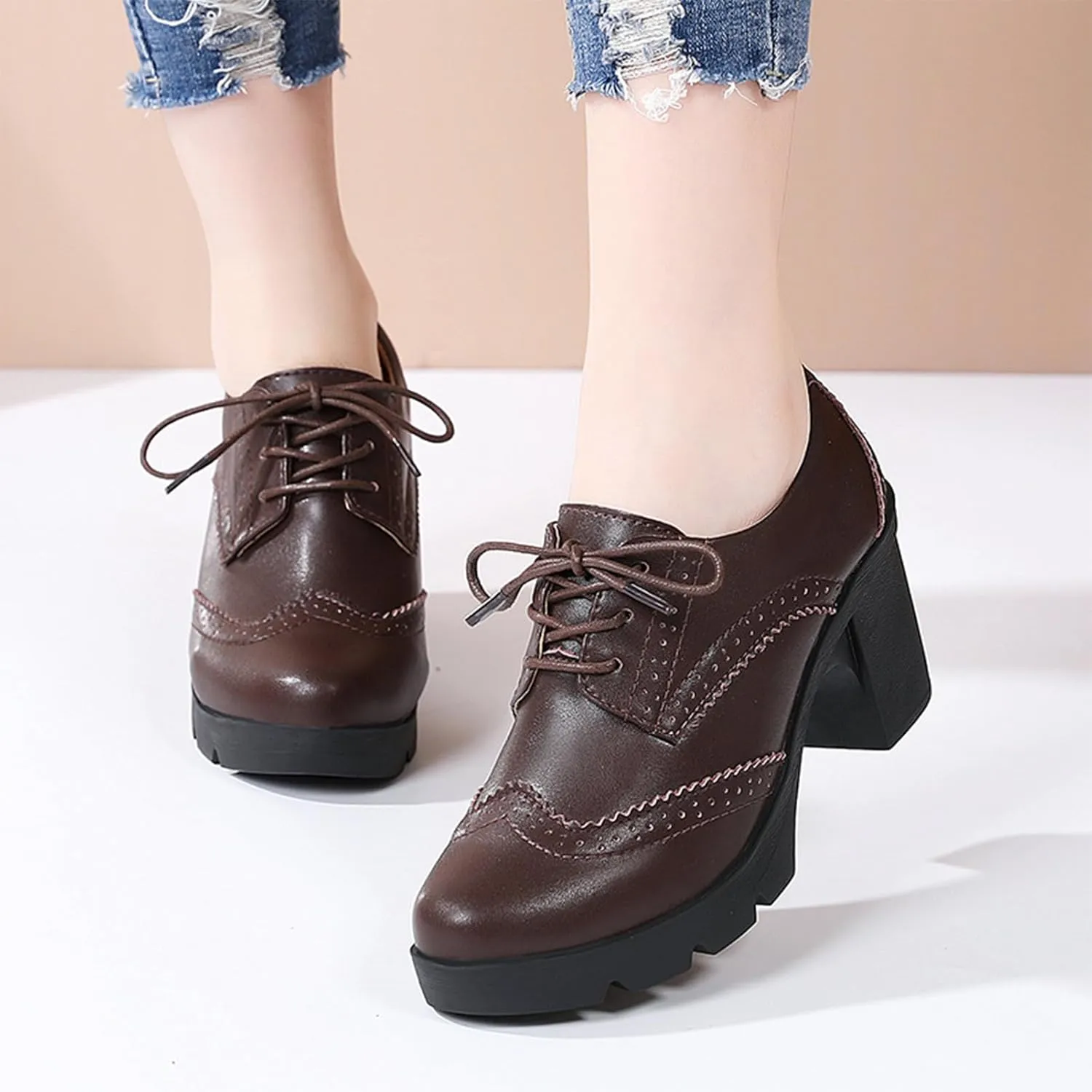 ANUFER Women's Block Heel Lace-Up Brogues Derby Shoes Pumps Dress Shoes