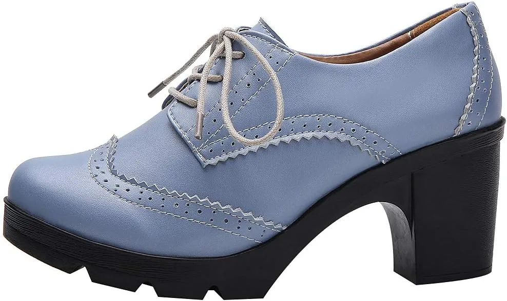 ANUFER Women's Block Heel Lace-Up Brogues Derby Shoes Pumps Dress Shoes