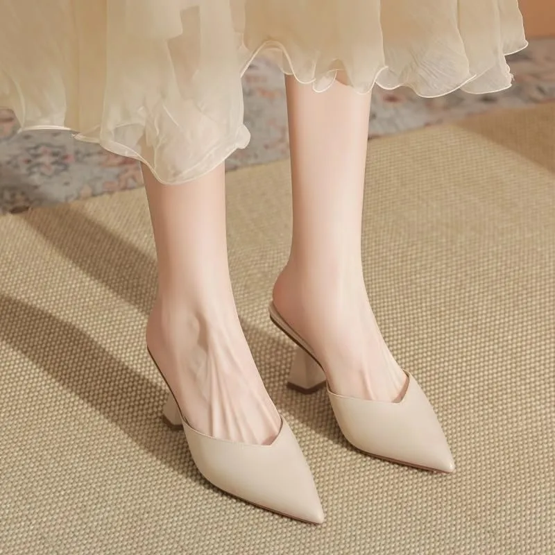 Apricot/Black/Nude Pointed Toe Mules with Geometric Block Heels 2.56In/6.5Cm