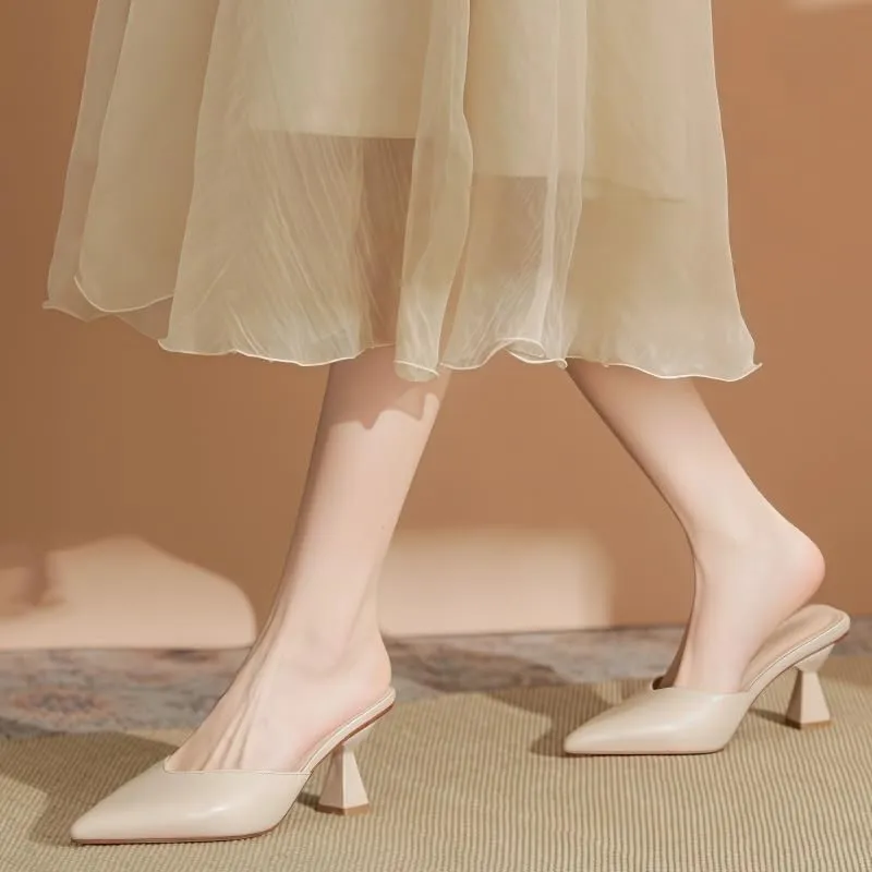 Apricot/Black/Nude Pointed Toe Mules with Geometric Block Heels 2.56In/6.5Cm
