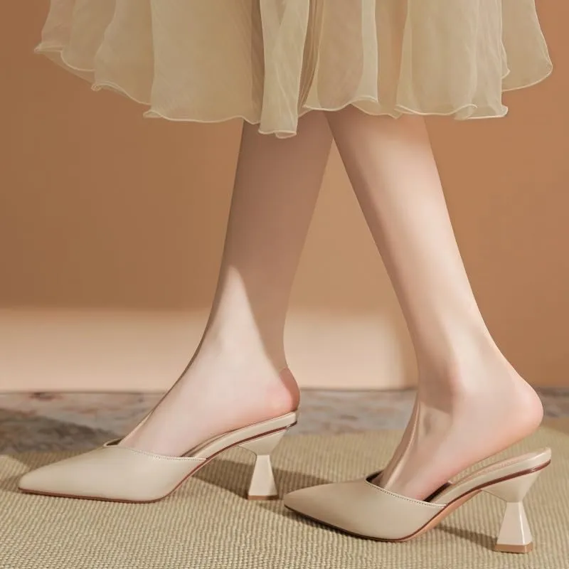 Apricot/Black/Nude Pointed Toe Mules with Geometric Block Heels 2.56In/6.5Cm