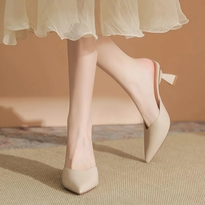 Apricot/Black/Nude Pointed Toe Mules with Geometric Block Heels 2.56In/6.5Cm