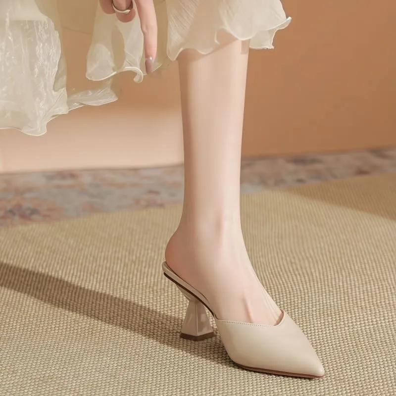 Apricot/Black/Nude Pointed Toe Mules with Geometric Block Heels 2.56In/6.5Cm