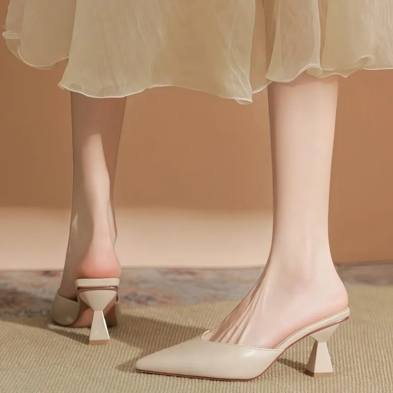 Apricot/Black/Nude Pointed Toe Mules with Geometric Block Heels 2.56In/6.5Cm