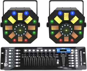 Audiosavings Bundle: (2) Chauvet DJ Swarm Wash FX ILS RGBAW UV DMX LED Rotating Derby/L-Beam/Strobe Light Bundle with (1) Rockville ROCKFORCE 192-Channel Light/Fog DMX Lighting Controller (3 Items)