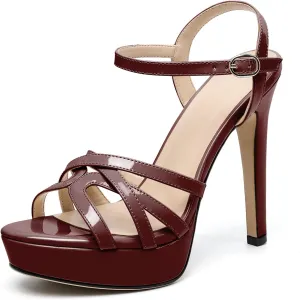 AUMOTED Women's Platform Sandals Sexy Strappy Stiletto High Heel 4.7" Peep Open Toe Ankle Strap Slingback Party Dress Shoes