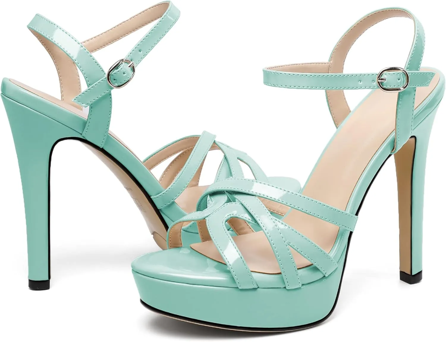 AUMOTED Women's Platform Sandals Sexy Strappy Stiletto High Heel 4.7" Peep Open Toe Ankle Strap Slingback Party Dress Shoes