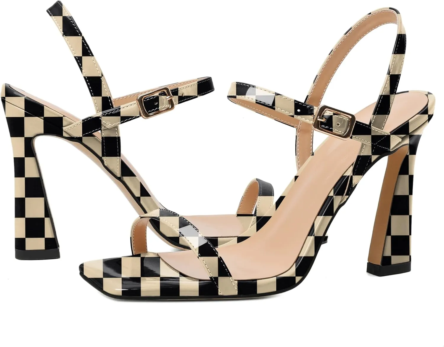 AUMOTED Womens Sandals Stiletto High Heel Open Square Toe Heeled Sandals Strappy Ankle Strap Patent Summer Wedding Party Shoes 4 Inch