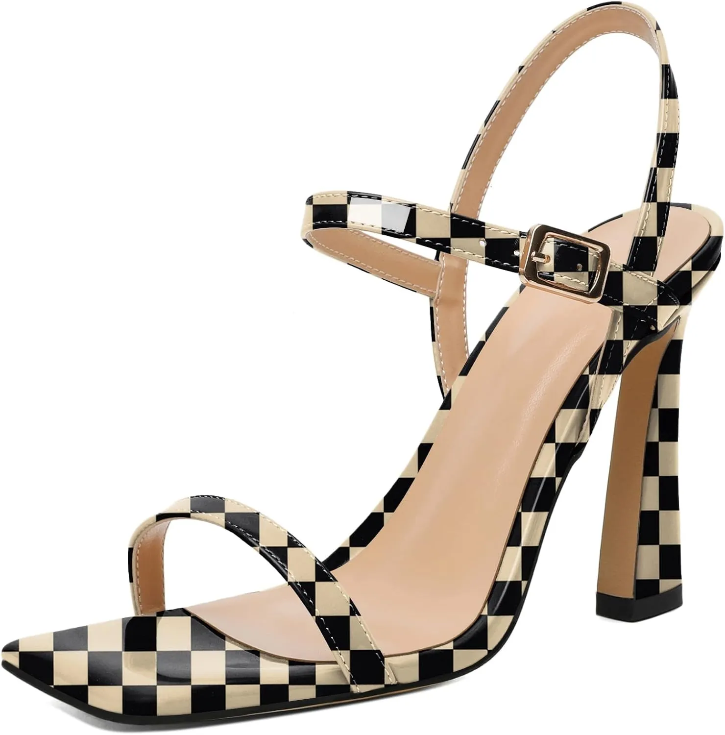 AUMOTED Womens Sandals Stiletto High Heel Open Square Toe Heeled Sandals Strappy Ankle Strap Patent Summer Wedding Party Shoes 4 Inch