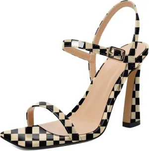 AUMOTED Womens Sandals Stiletto High Heel Open Square Toe Heeled Sandals Strappy Ankle Strap Patent Summer Wedding Party Shoes 4 Inch
