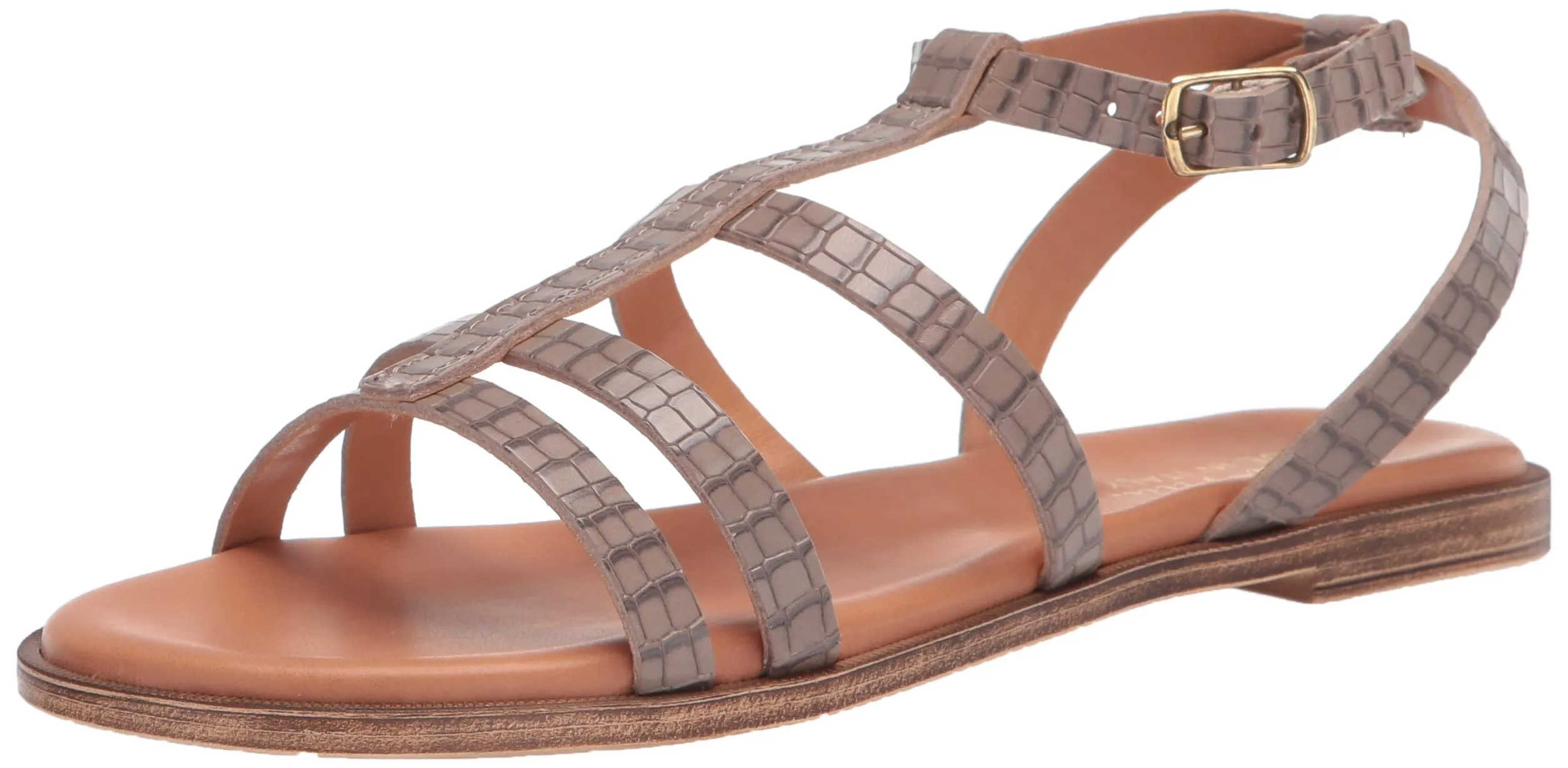 Bella Vita Made in Italy Women's Strappy Sandal Flat, Grey Croco Italian Leather, 12 Wide