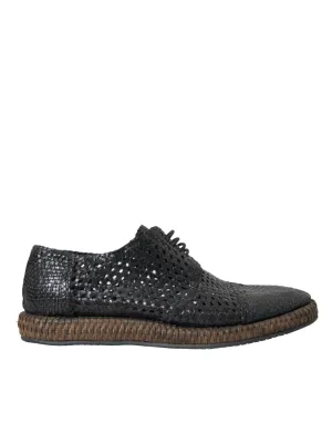 Black Woven Goat Leather Lace Up Derby Shoes
