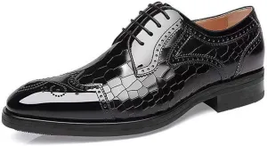 ByErz Men Brogues Wingtip Lace Up Classic Patent Black Dress Shoes Derby Prom Fashion Oxford