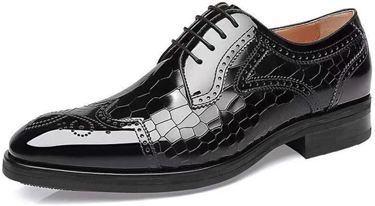 ByErz Men Brogues Wingtip Lace Up Classic Patent Black Dress Shoes Derby Prom Fashion Oxford