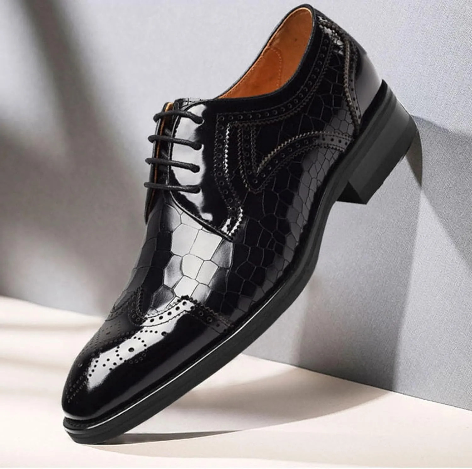 ByErz Men Brogues Wingtip Lace Up Classic Patent Black Dress Shoes Derby Prom Fashion Oxford