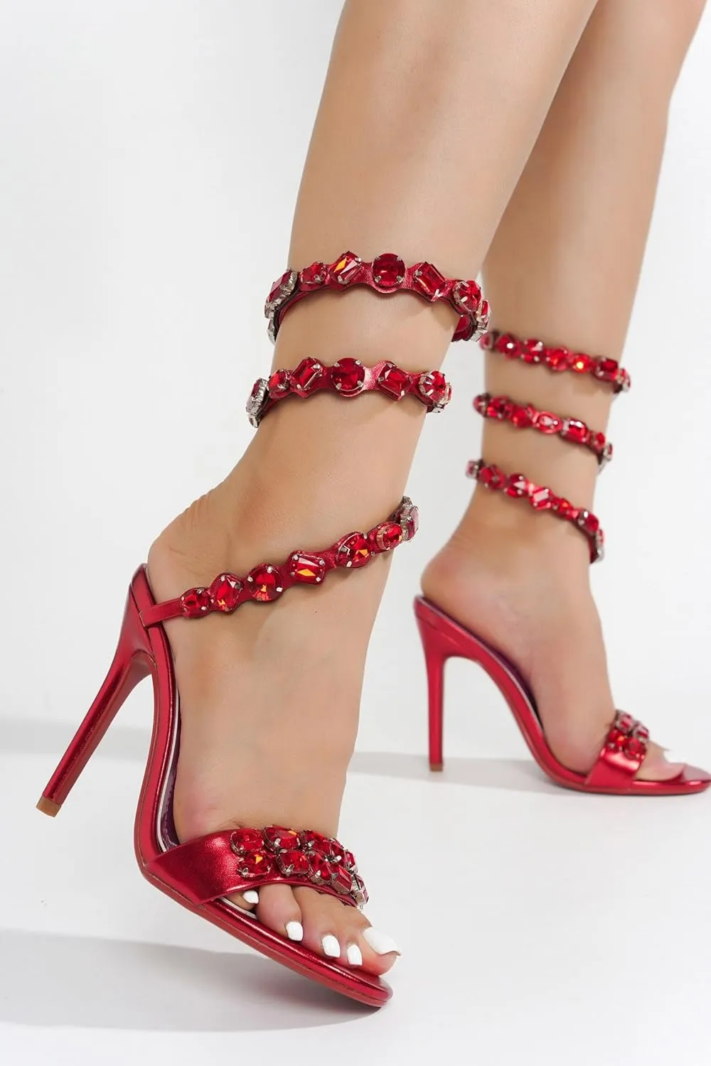 Cape Robbin Women's Rhinestone Stiletto Heel Sandals Jewel Spiral Ankle Wrap Strap High Heels Sandal