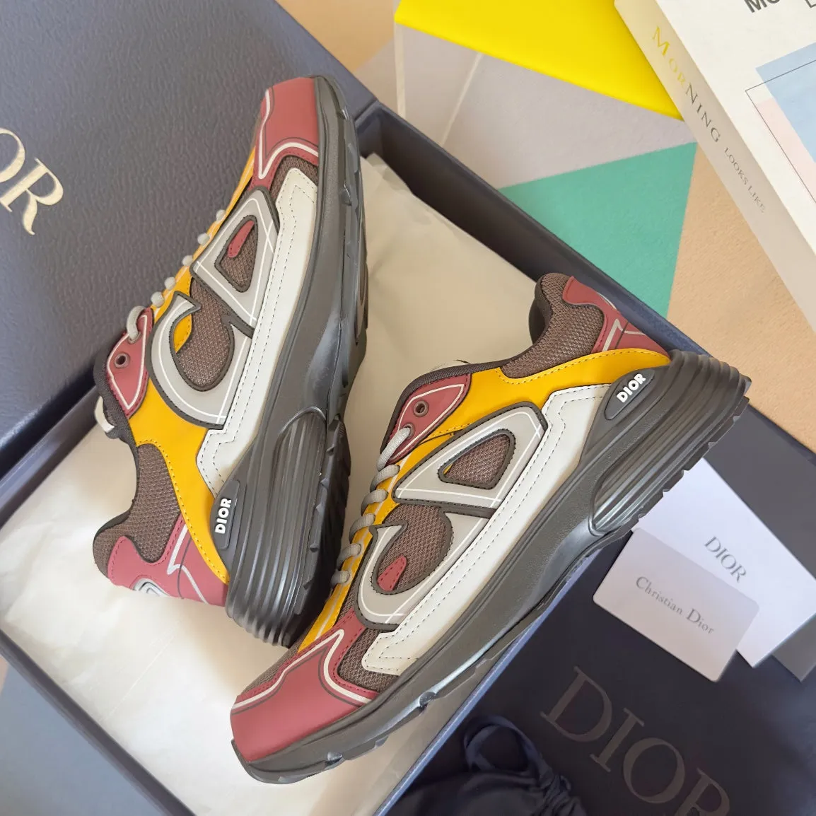 CD B30 Sneaker 35mm Brown Red Mix Yellow White Polyester Mesh Fabric And Calfskin
