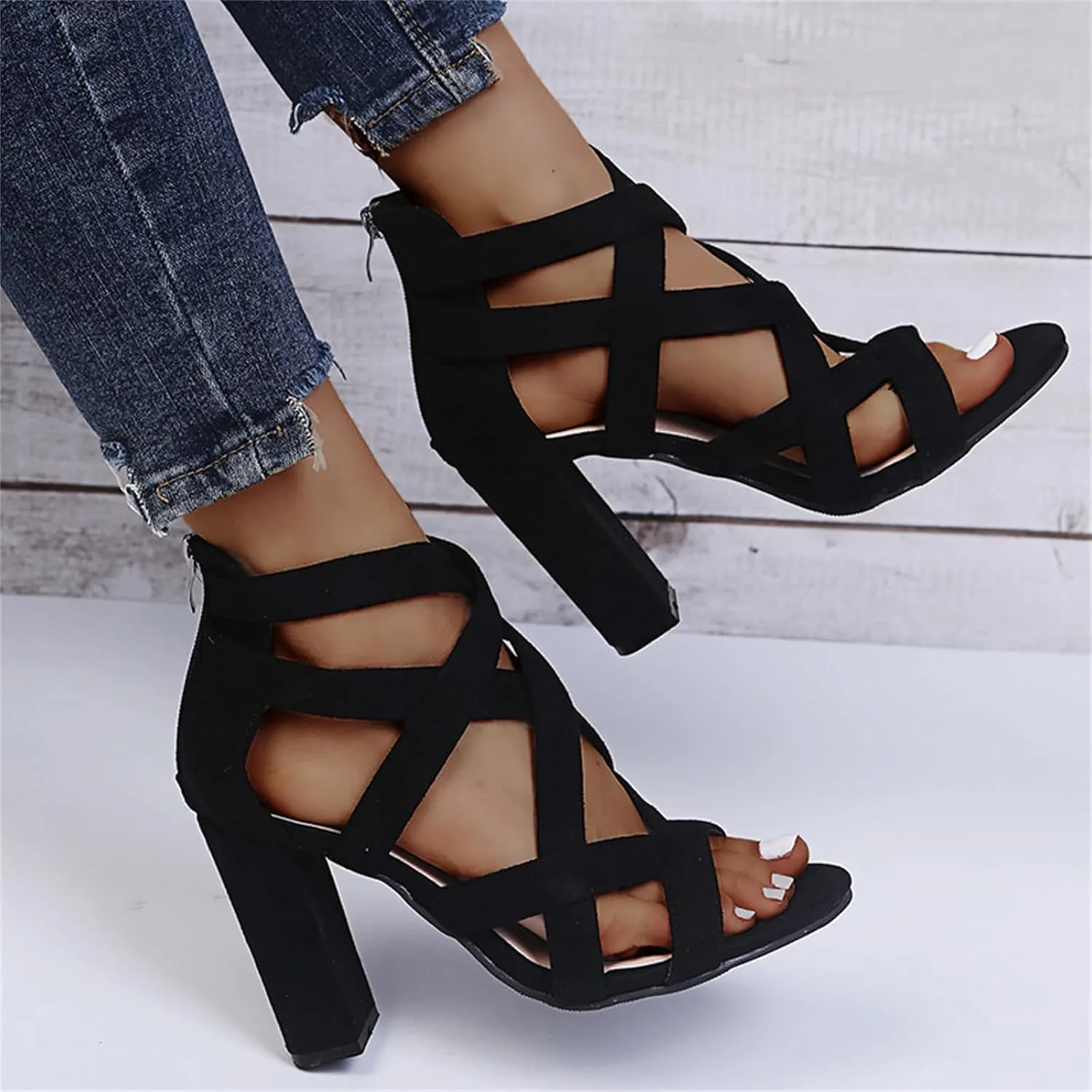 Chunky Heeled Sandals for Women Cutout Open Toe Zipper Block Heel Sandals Summer Wedding Dressy Party High Heeled Sandal