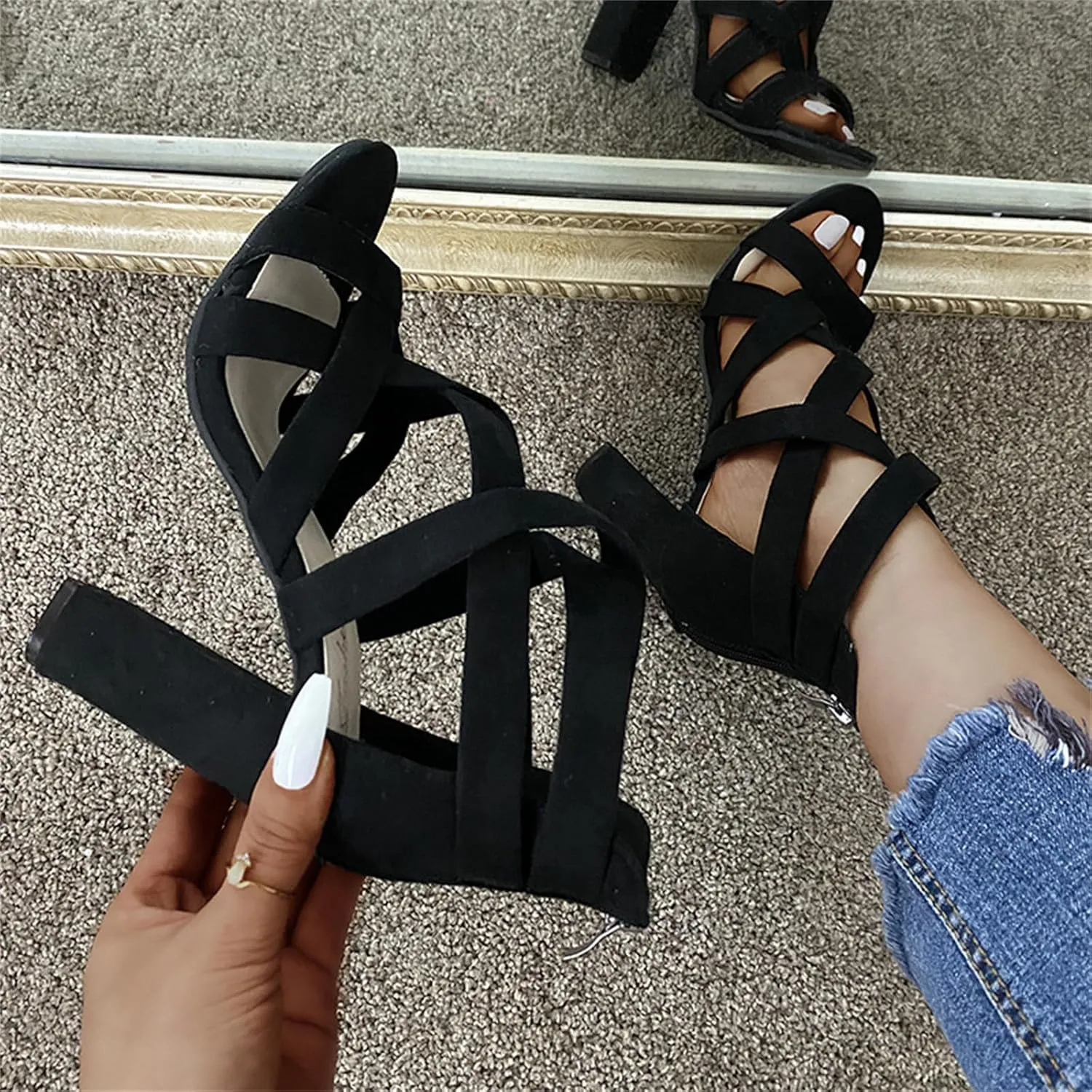 Chunky Heeled Sandals for Women Cutout Open Toe Zipper Block Heel Sandals Summer Wedding Dressy Party High Heeled Sandal