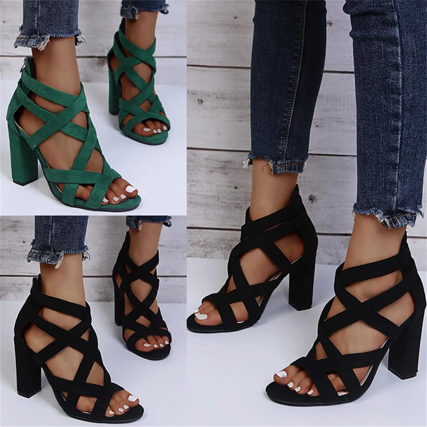 Chunky Heeled Sandals for Women Cutout Open Toe Zipper Block Heel Sandals Summer Wedding Dressy Party High Heeled Sandal