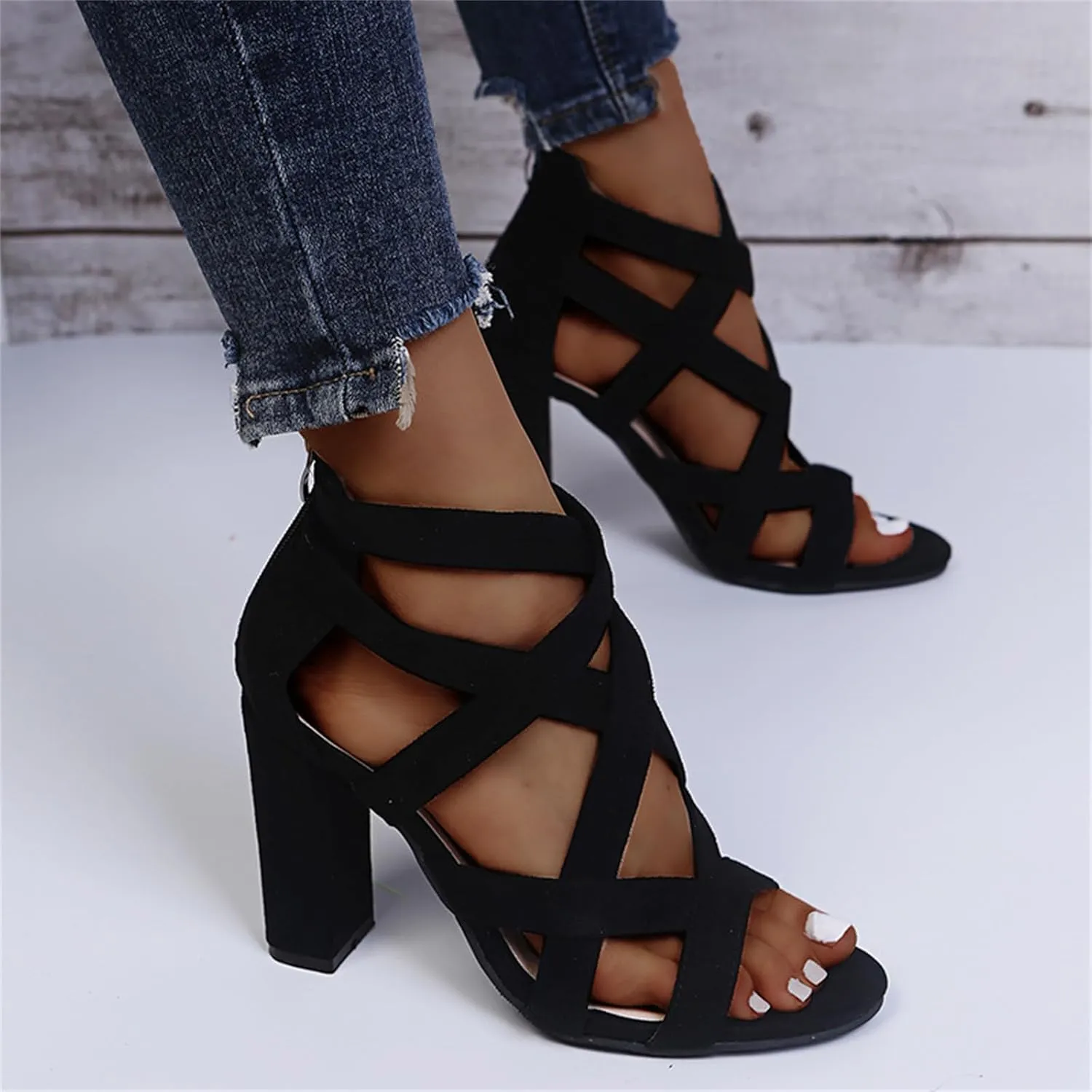 Chunky Heeled Sandals for Women Cutout Open Toe Zipper Block Heel Sandals Summer Wedding Dressy Party High Heeled Sandal