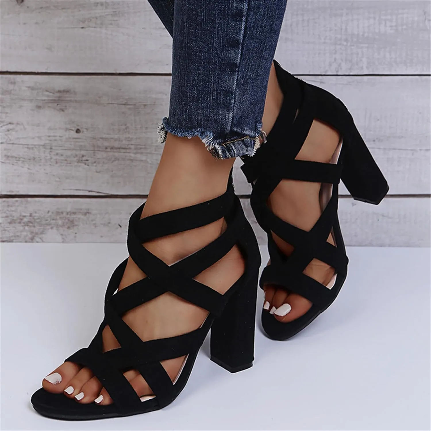Chunky Heeled Sandals for Women Cutout Open Toe Zipper Block Heel Sandals Summer Wedding Dressy Party High Heeled Sandal