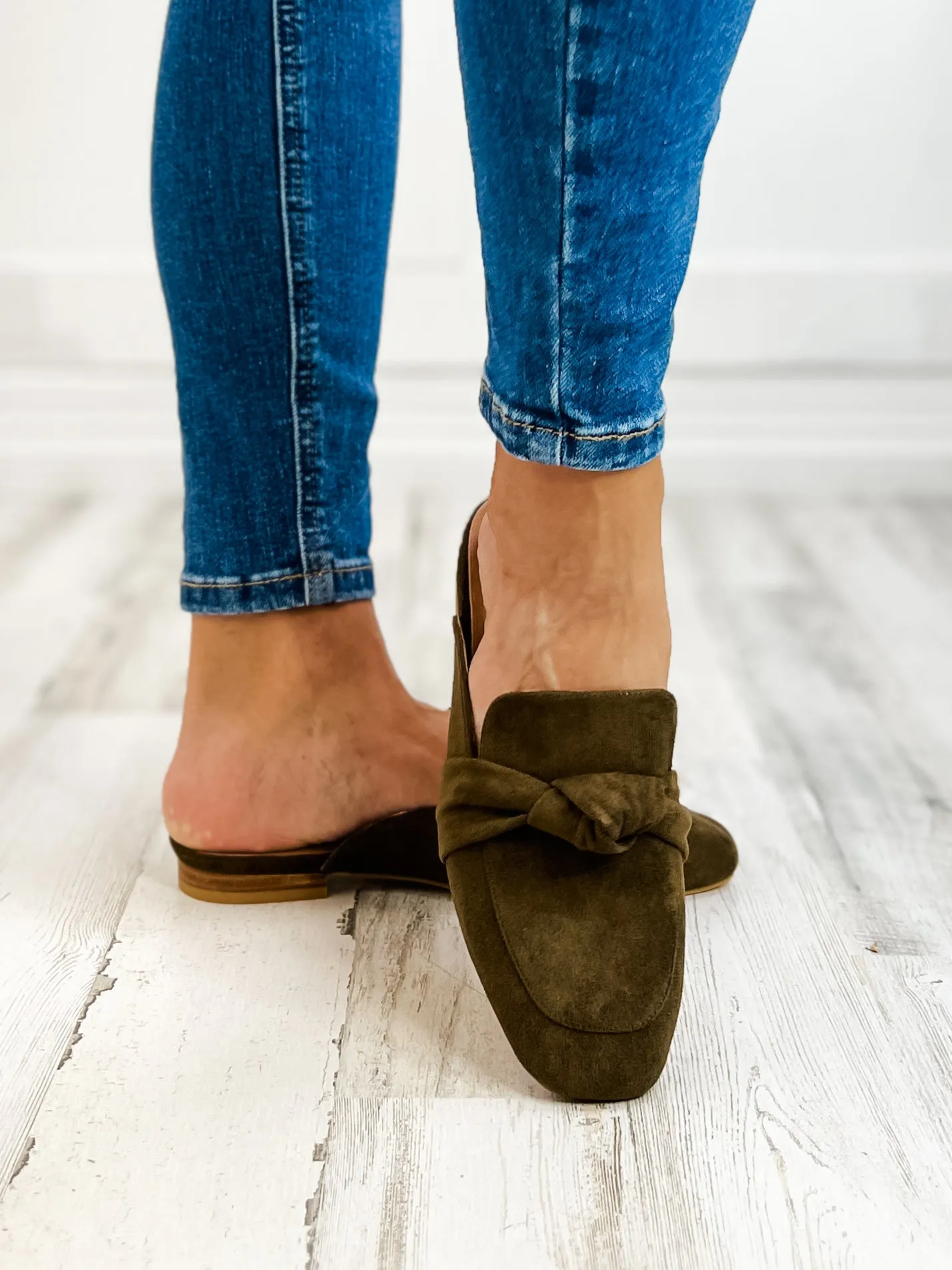 Corkys Clingy Mules in Khaki Faux Suede
