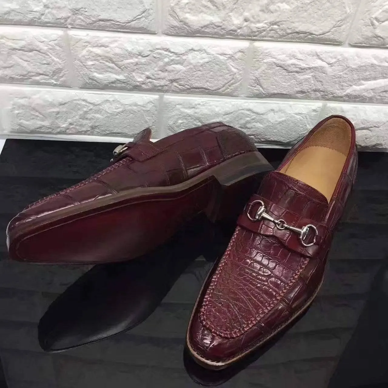 Crocodile Shoes Wine Red Genuine All-Over Crocodile  Belly Skin Slip On~ Loafer Shoes for Men
