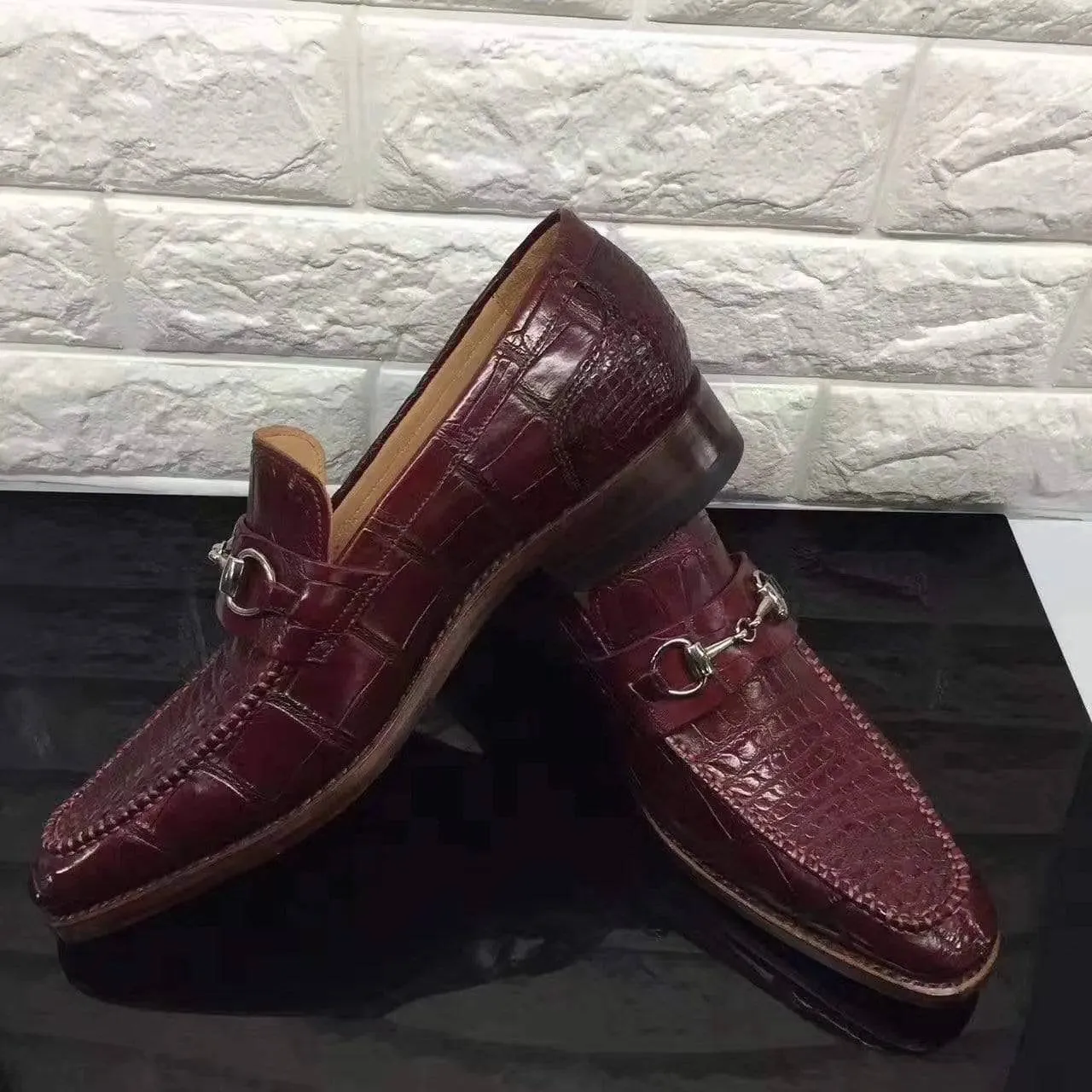 Crocodile Shoes Wine Red Genuine All-Over Crocodile  Belly Skin Slip On~ Loafer Shoes for Men