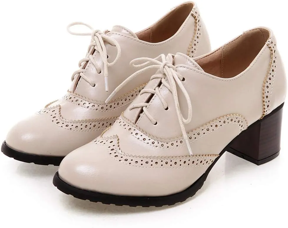 CYNLLIO Women's Vintage Wingtips Lace up Oxfords Brogues Shoes Mid Chunky Heels Pumps Perforated Dress Saddle Shoes
