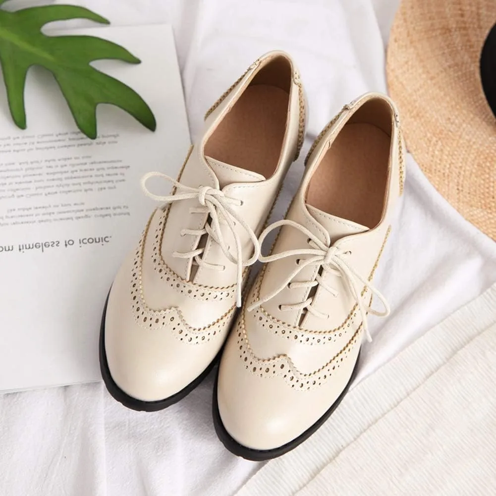 CYNLLIO Women's Vintage Wingtips Lace up Oxfords Brogues Shoes Mid Chunky Heels Pumps Perforated Dress Saddle Shoes