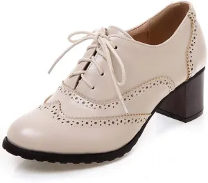 CYNLLIO Women's Vintage Wingtips Lace up Oxfords Brogues Shoes Mid Chunky Heels Pumps Perforated Dress Saddle Shoes
