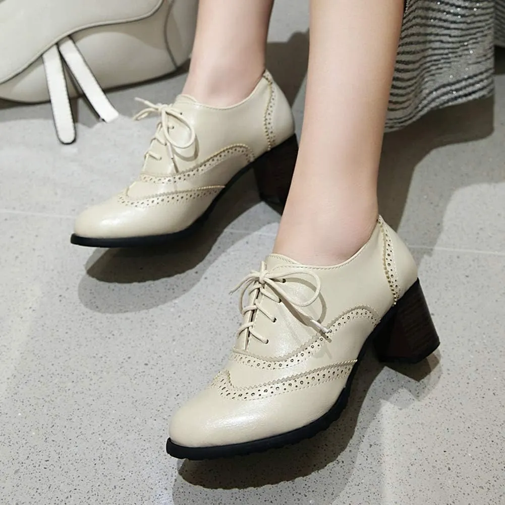 CYNLLIO Women's Vintage Wingtips Lace up Oxfords Brogues Shoes Mid Chunky Heels Pumps Perforated Dress Saddle Shoes