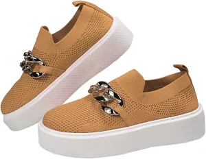 DirraBra Women's Fashion Mesh Platform Loafers Slip On Metal Trim Chain Low Top Sneakers Comfortable Round Toe Flat Walking Shoes