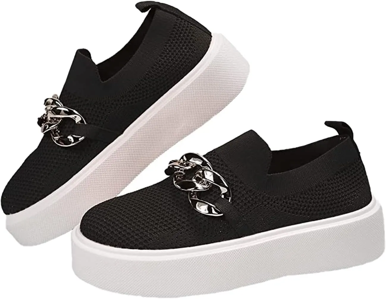 DirraBra Women's Fashion Mesh Platform Loafers Slip On Metal Trim Chain Low Top Sneakers Comfortable Round Toe Flat Walking Shoes