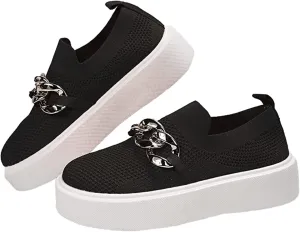 DirraBra Women's Fashion Mesh Platform Loafers Slip On Metal Trim Chain Low Top Sneakers Comfortable Round Toe Flat Walking Shoes
