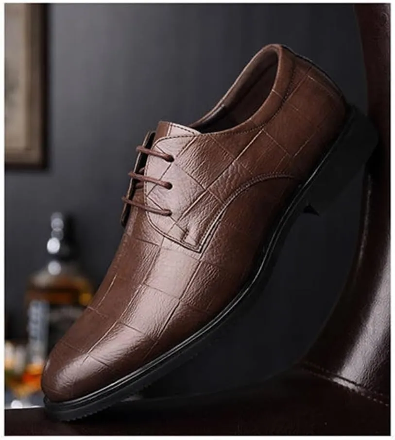Dress Oxford for Men Lace Up Round Toe Plaid PU Leather Derby Shoes Low Top Non Slip Rubber Sole Prom